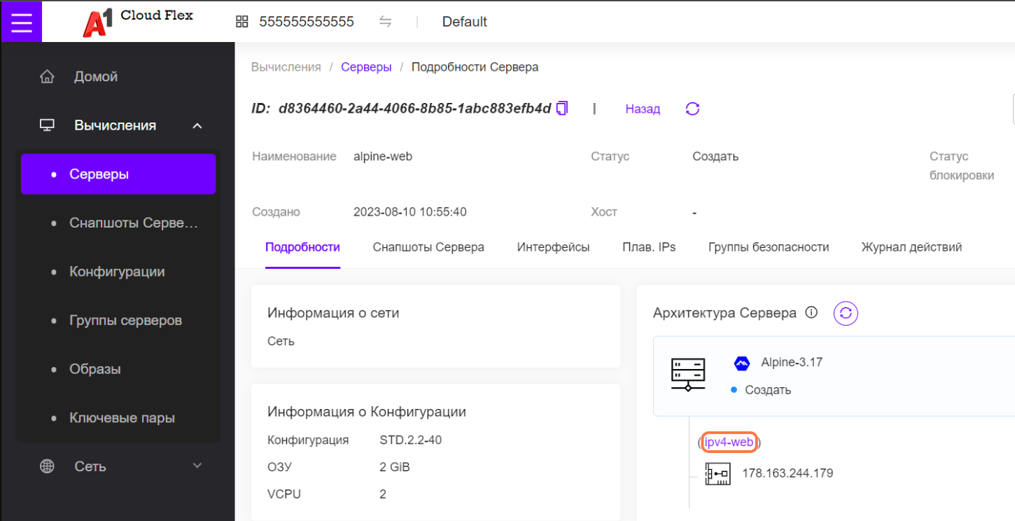 На странице подробностей видны наименование порта ipv4-web и его фиксированный IPv4 адрес